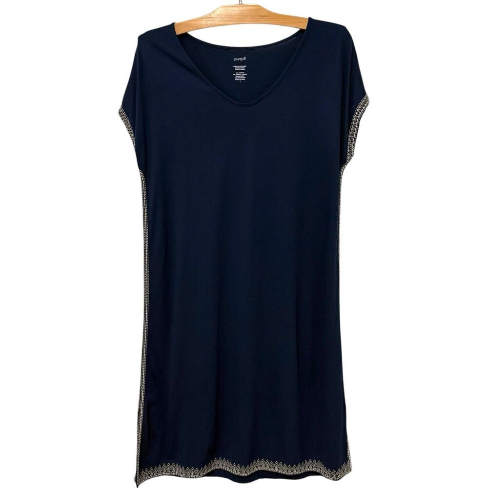 J. Jill | Dress Navy Embroidered T-Shirt Short Sleeve Knee Length- Size Small